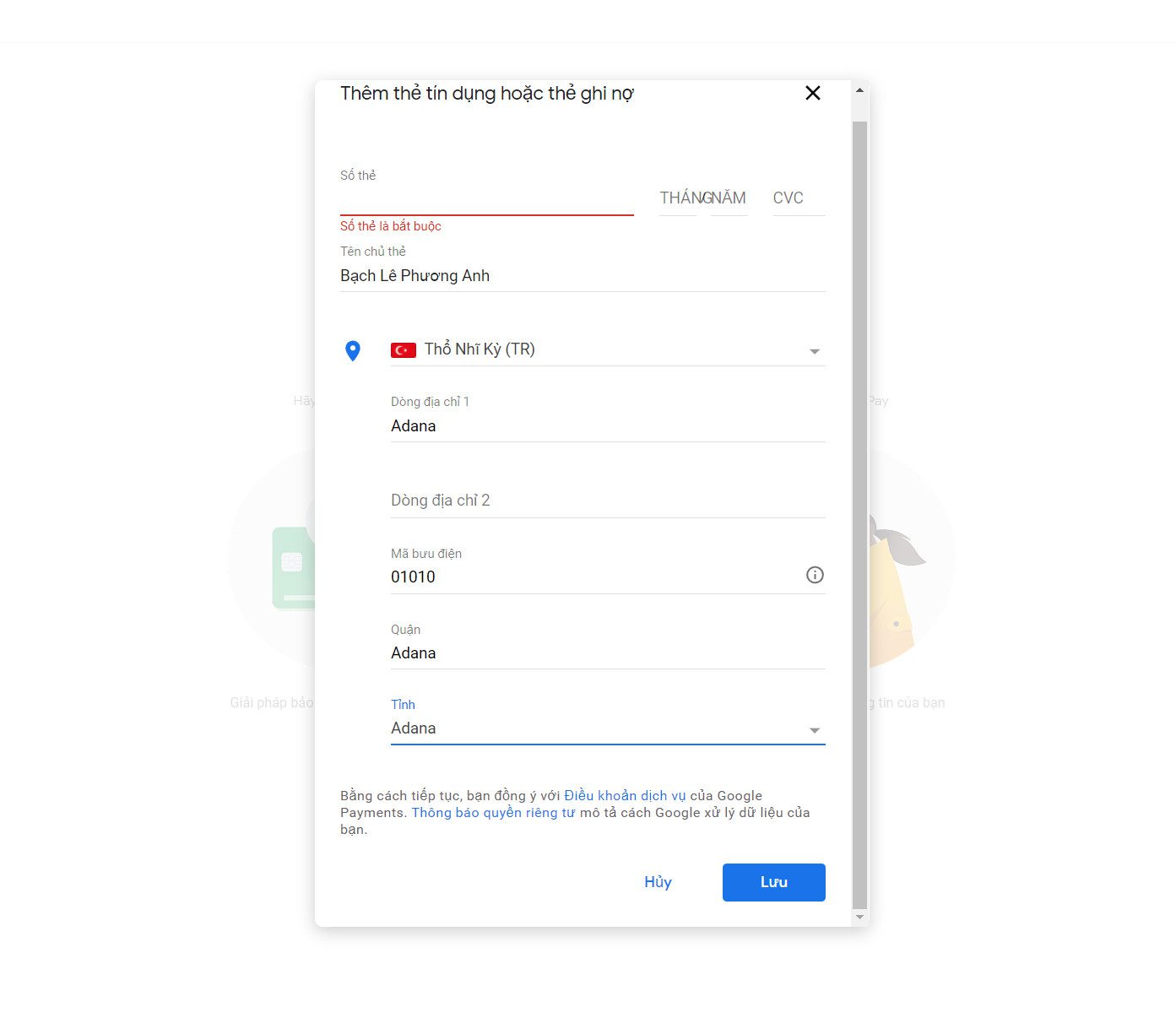 Tạo Hồ Sơ Thanh Toán Thổ Nhĩ Kỳ Và Tiến Hành Nhận 3 Năm 200Gb Google One Bước 8