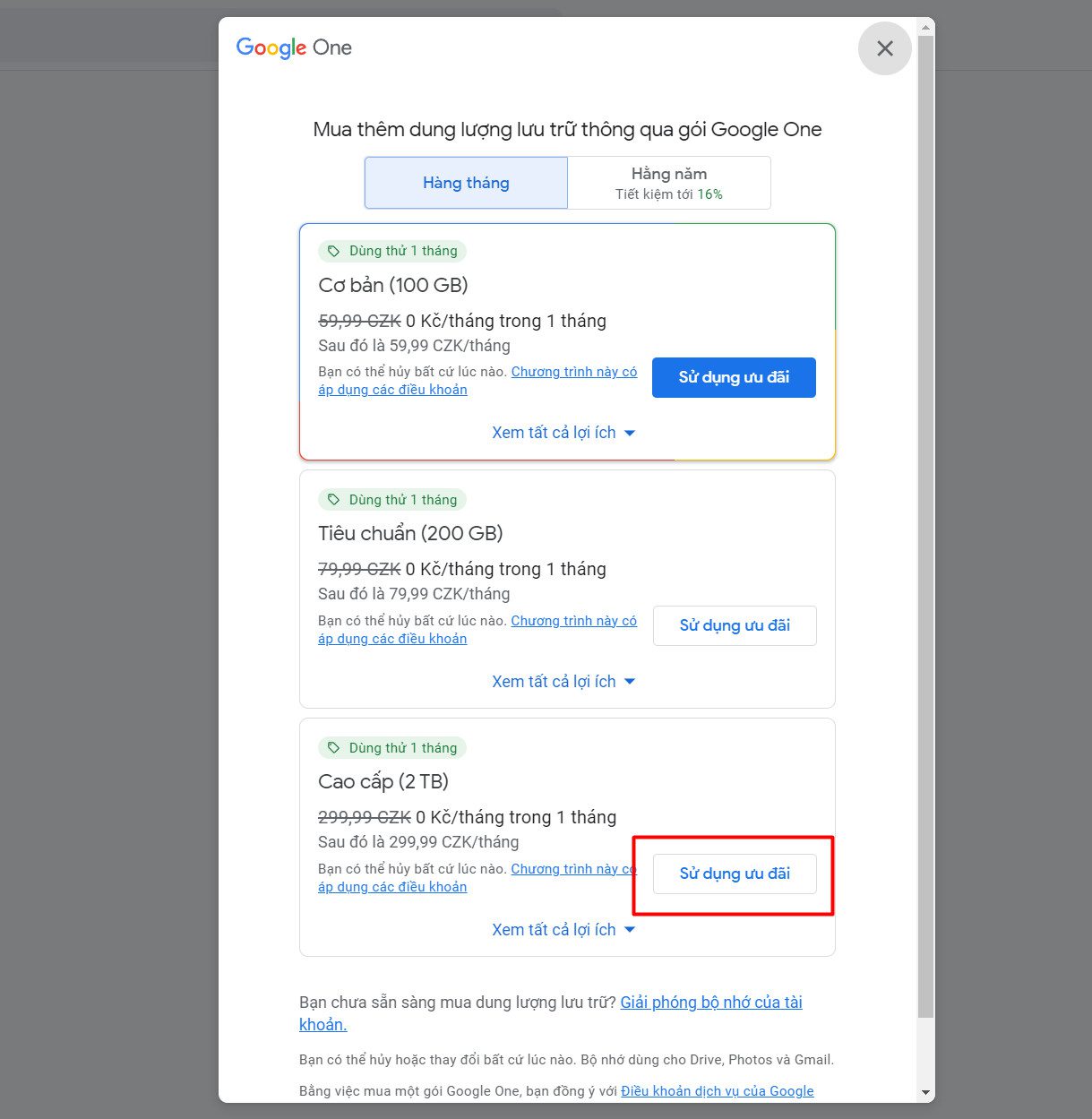 Nhận 1 Tháng Dùng Thử 2Tb Google One Miễn Phí Bằng Hồ Sơ Của Séc Bước 6